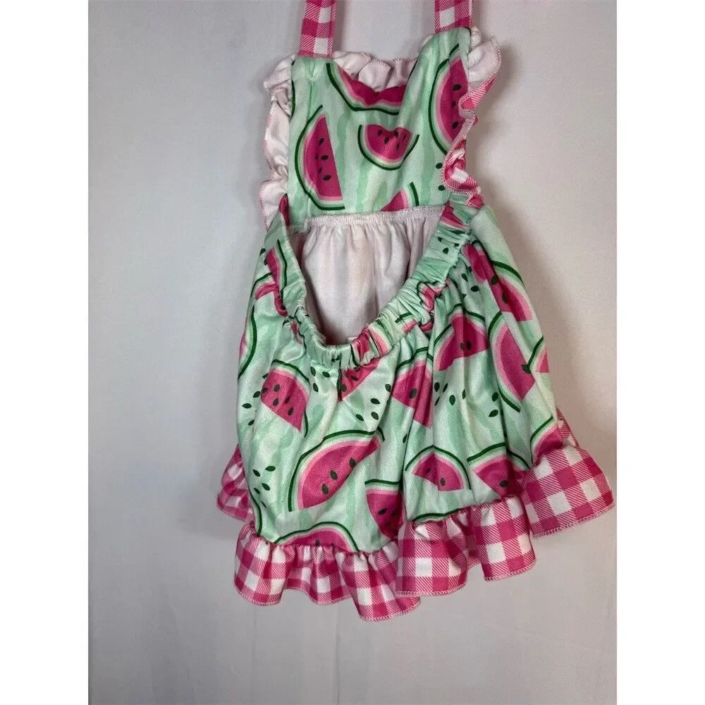 Baby Girl Watermelon Print Romper Dress Pink Gingham Ruffles Tie Straps